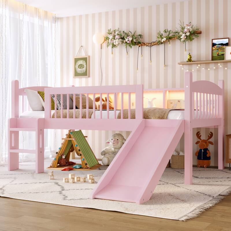 Twin Loft Bed with Storage Shelves, LED Lights & Guardrails - Pink