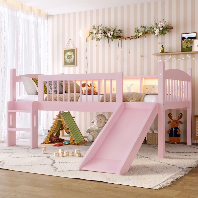 Twin Loft Bed with Storage Shelves, Solid Wood Lower Loft Bed with LED Lights and Full-length Guardrails - Pink