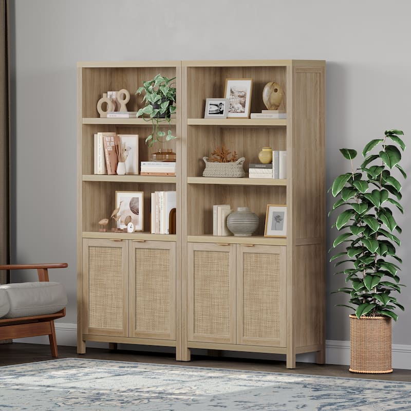 SICOTAS 5 Tier Adjustable Bookcase with Rattan Storage Cabinet