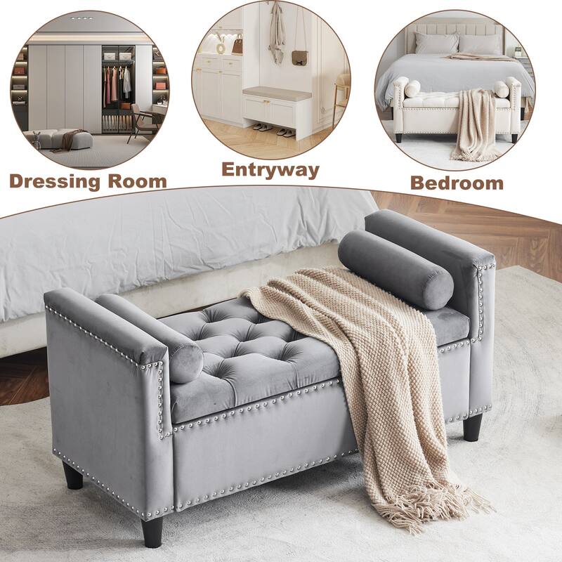 Storage Bench For Bedroom/Living Room,44.5-Inch Velvet Button Bench with Armrests