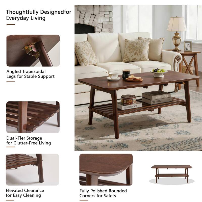 Wooden Coffee Table with Storage Shelf, Mid-Century Rectangular Center Table for Living Room,Walnut Brown