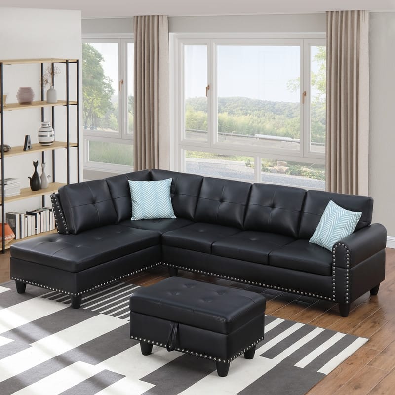 Faux Leather L-Shaped Sectional Sofa with Ottoman&Storage,4-Seater with Cup Holders