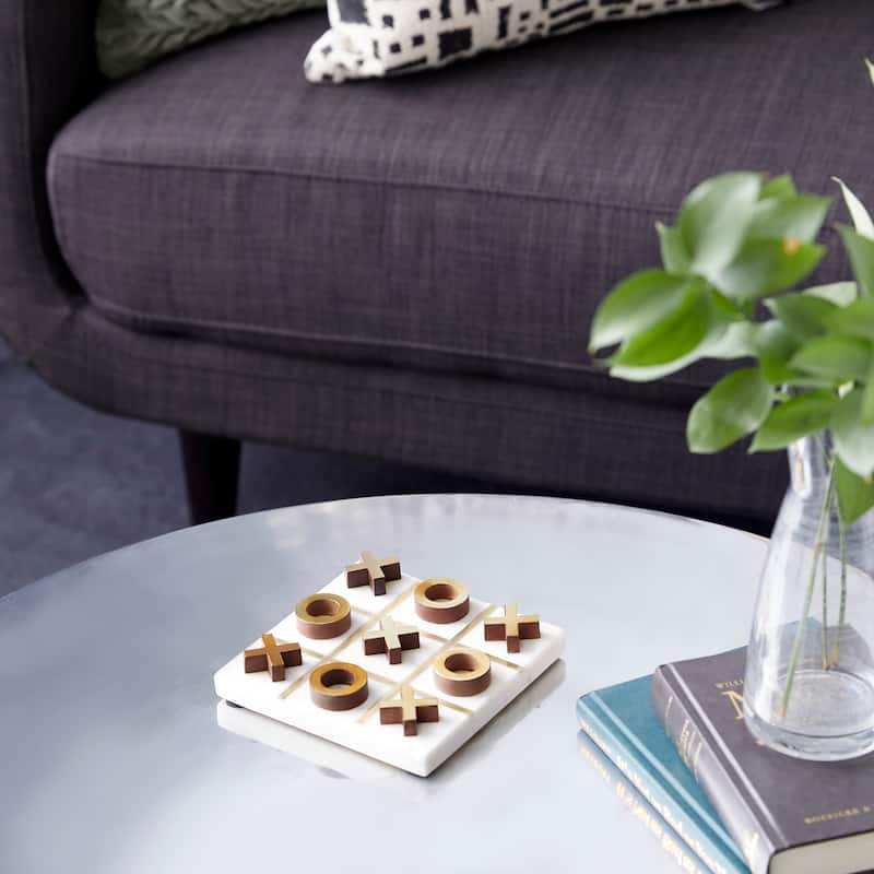 White or Black Marble Tic Tac Toe Game Set with Gold Inlay and Wood Pieces