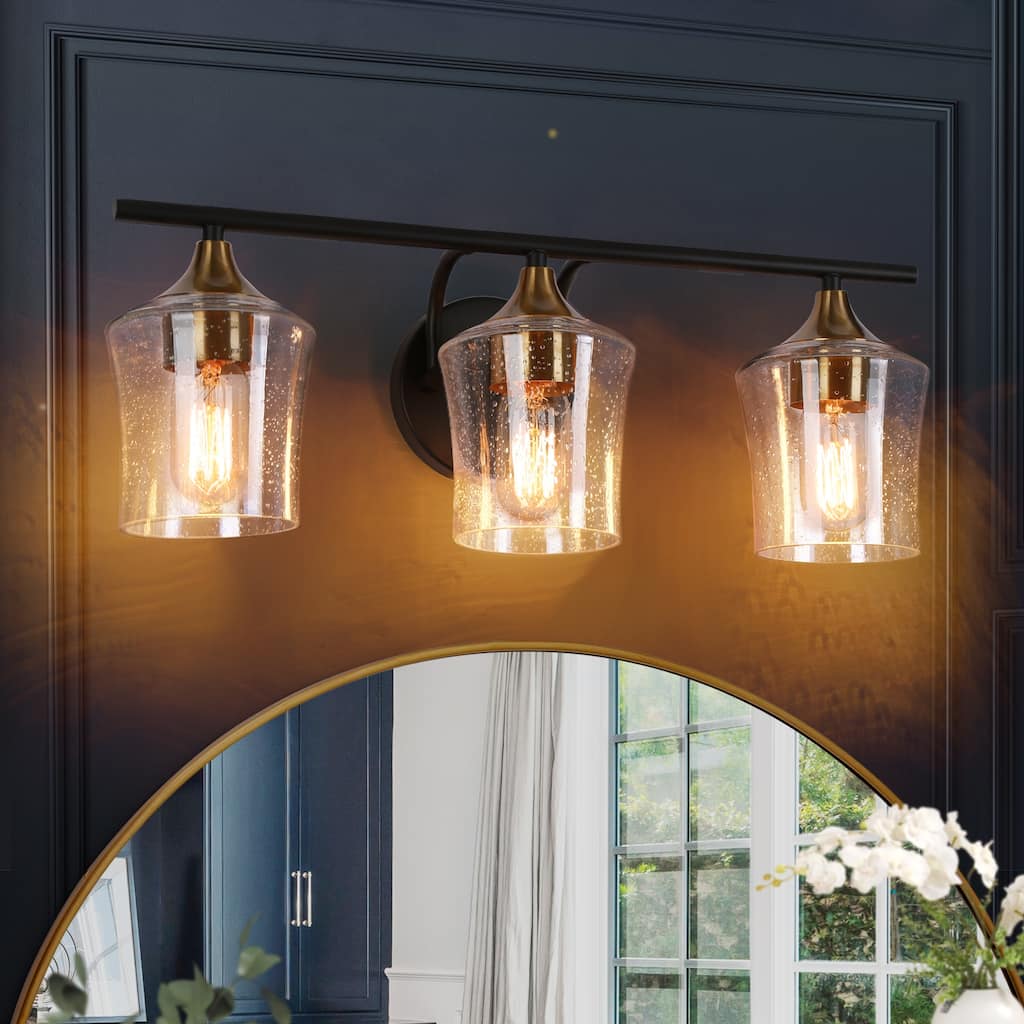 Modern Black Gold 2/3/4-Light Linear Bathroom Vanity Lights with Seeded Glass