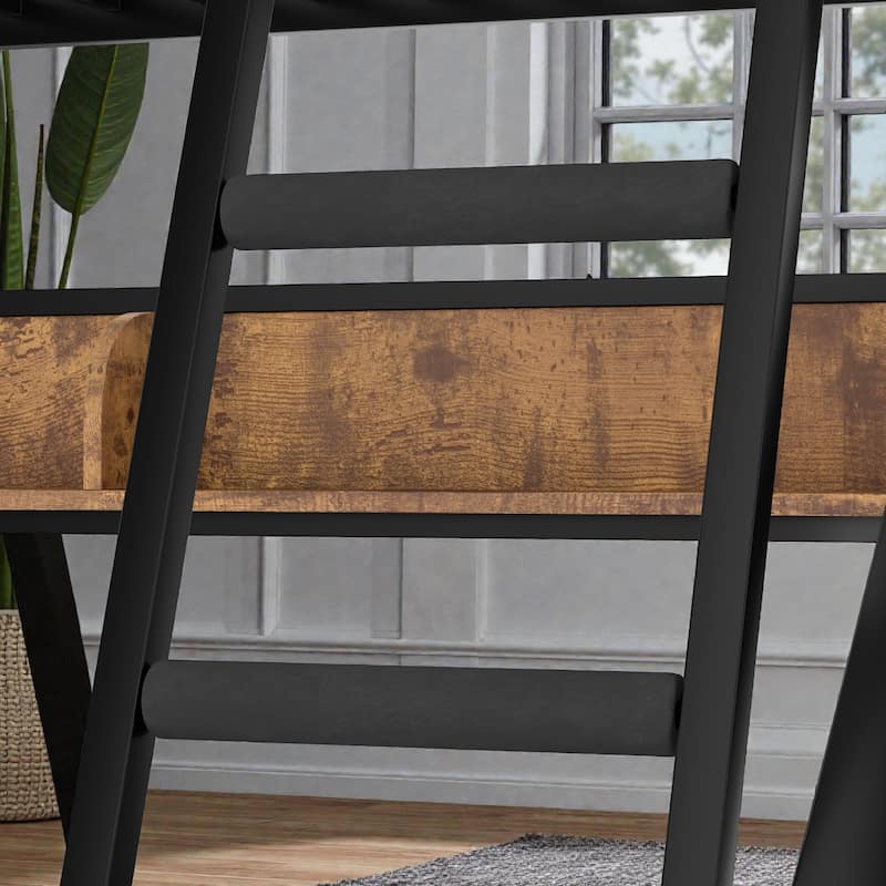 Space-Saving Metal Bunk Bed with Shelves, LED Strip Lighting, Guardrails and Woodgrain Panels, Multiple Size Options