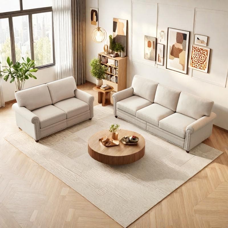 2-Pieces 5-Seat Linen Sectional Sofa Set (2+3) with Hidden Storage & Solid Wood Frame - Beige