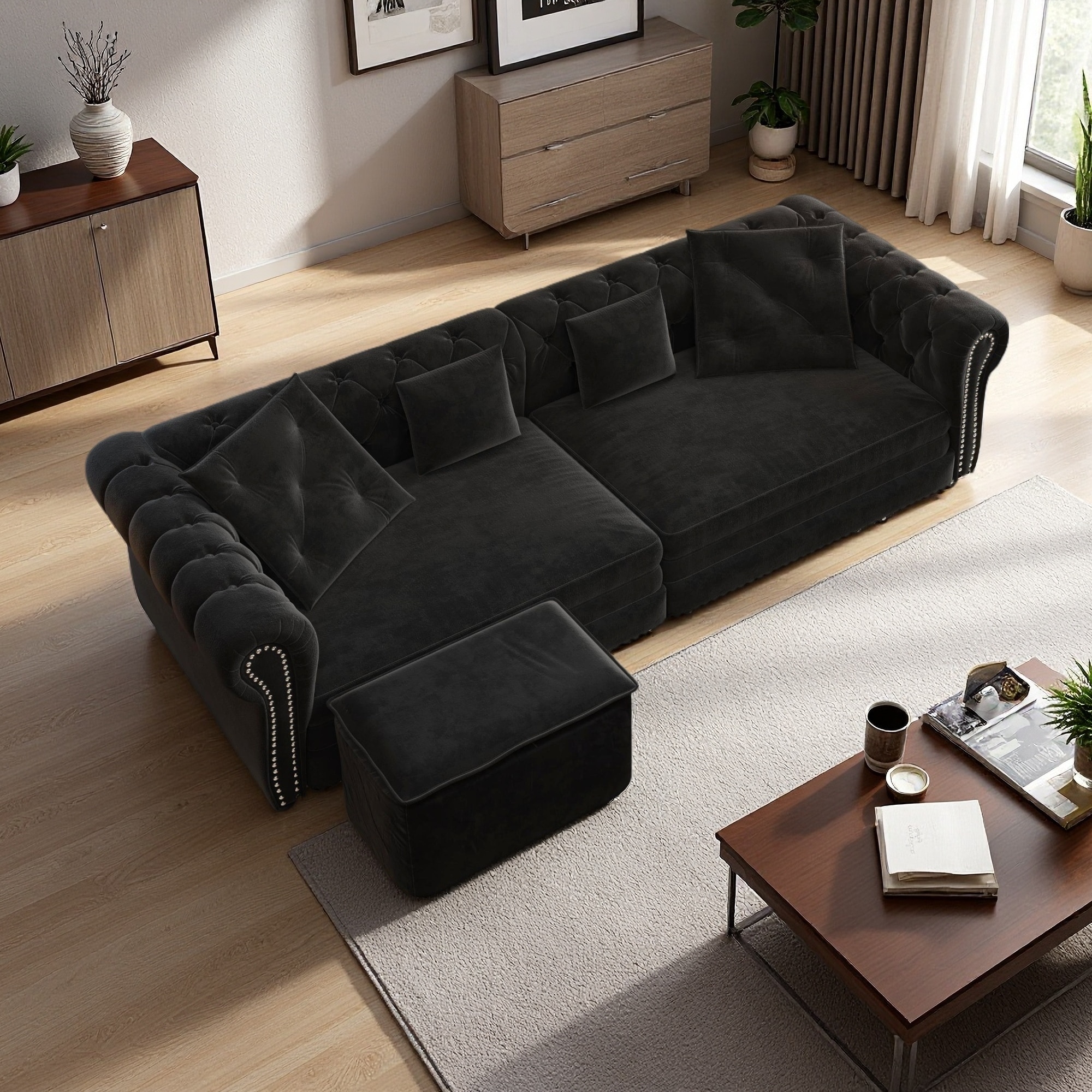 89" Velvet 3-in-1 Chesterfield Sofa with Pull-Out Bed, Tufted Design and Movable Ottoman