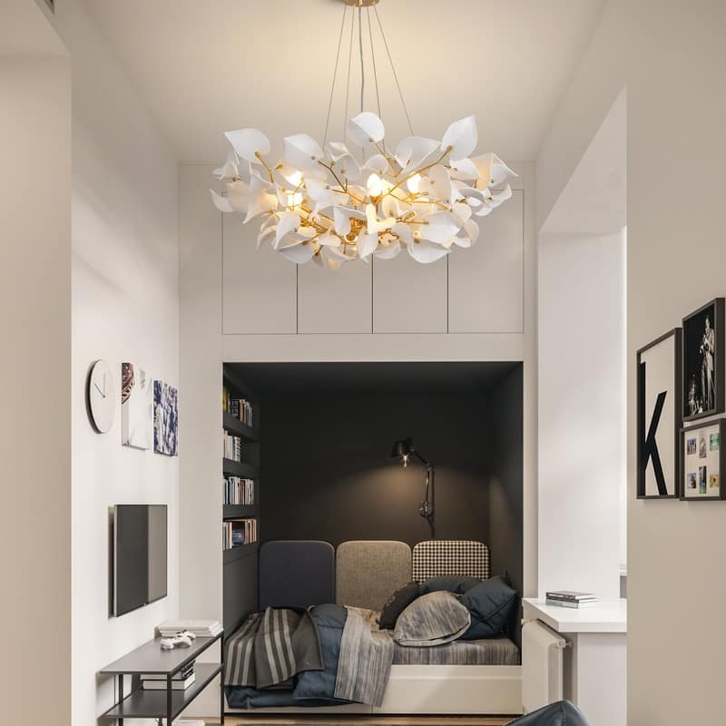 KAYLA 31.5" 6-Light Luxury Gold Round Chandelier, Modern Ceramic Leaf Branch