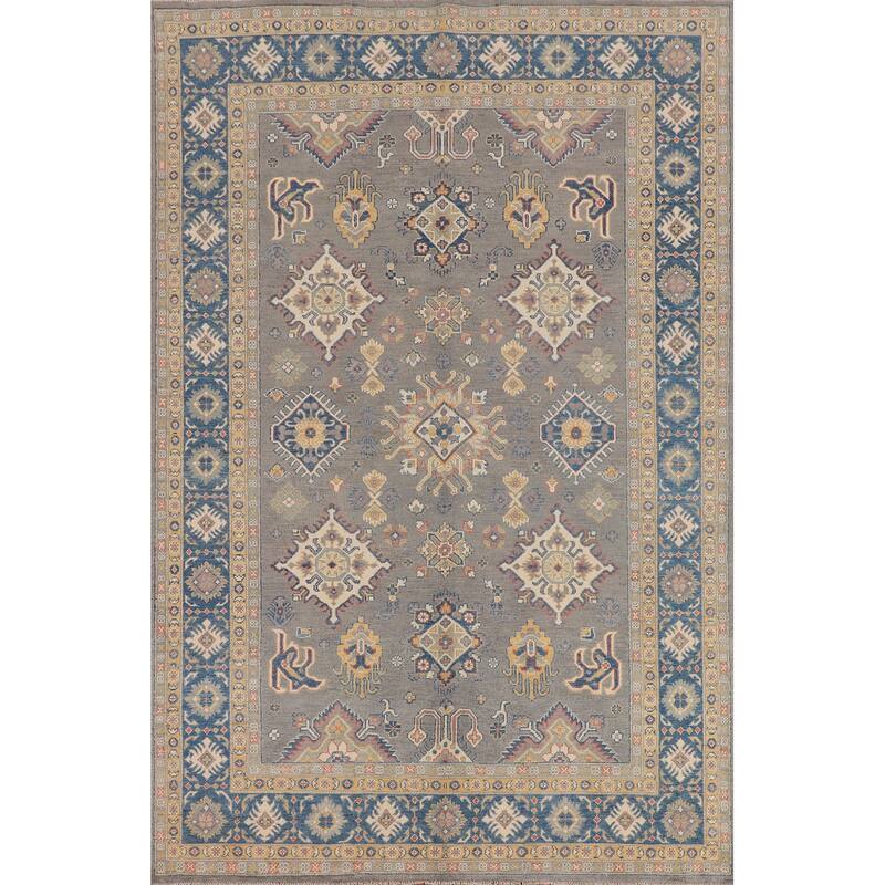 Hand Knotted Oriental 100% Wool Carpet Traditional Geometric Greys & Charcoal Kazak Area Rug - 9' 9'' X 6' 5''