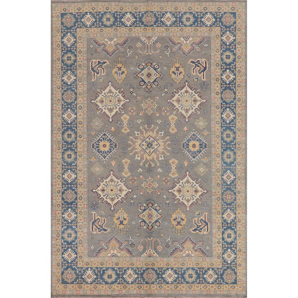 Hand Knotted Oriental 100% Wool Carpet Traditional Geometric Greys & Charcoal Kazak Area Rug - 9' 9'' X 6' 5''