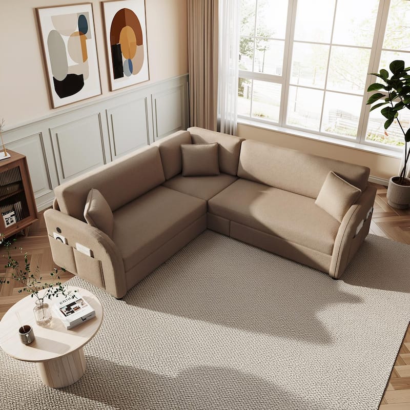 Homy Casa 85"/115" L-Shaped Sectional Sofa Bed USB & Side Pocket, Teddy Fabric Pull-Out Sleeper, Reversible Chaise, Multi Colors