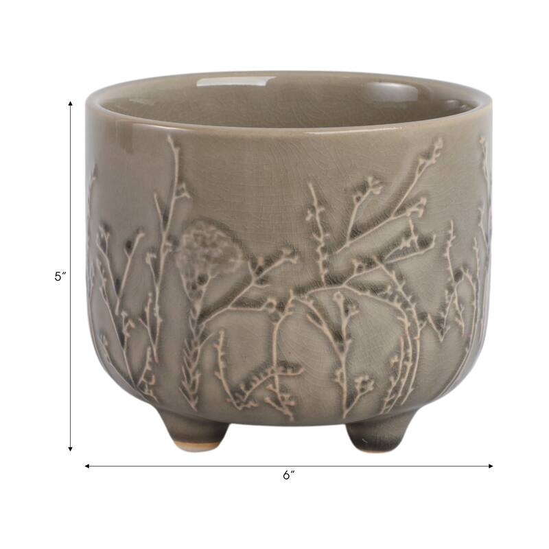 Ceramic Stoneware Planter with Raised Botanical Texture Footed Base