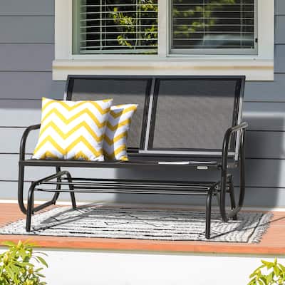 Outdoor Love-Seat Rocking Bench, Patio Glider, Textilene Fabric, Black