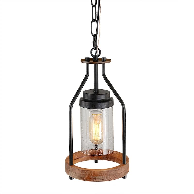 Anmytek Farmhouse 1-Light Black Cage Pendant Light Cylinder Glass Kitchen Island Lights for Dining Room - 7.1"D x 14.5" H