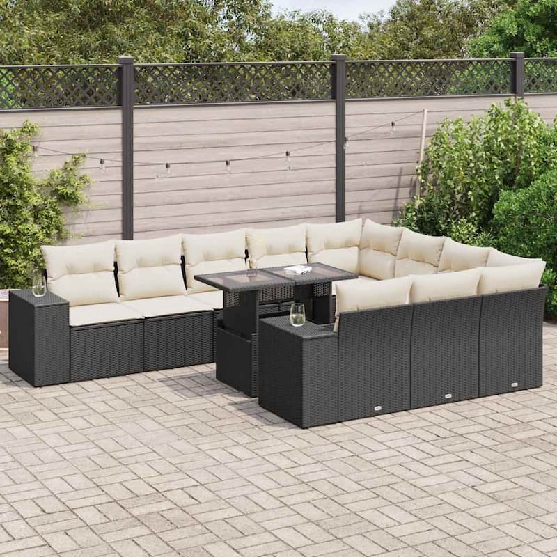 vidaXL Garden Sofa Set Black PE Rattan Large Adjustable Armrests - 21.7 x 39.4 x 28.7