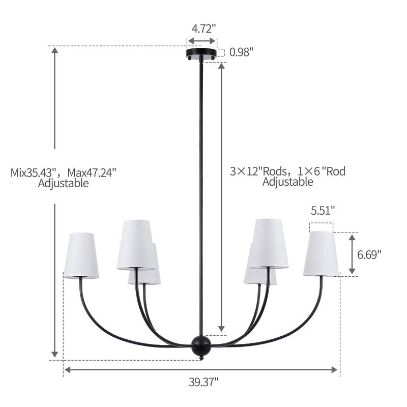 6-Light Wide Retro Black Finish Chandelier With White Fabric Shade