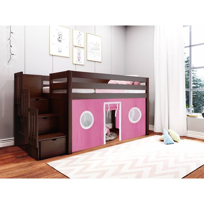 JACKPOT Contemporary Low Loft Twin Bed with 3 Step Stairway and Tent