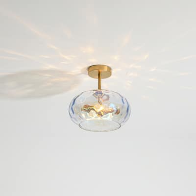 11.8" 2-Light Luxury Gold Semi-Flush Mount Ceiling Light with Hammered Glass Shade for Hallway, Bedroom