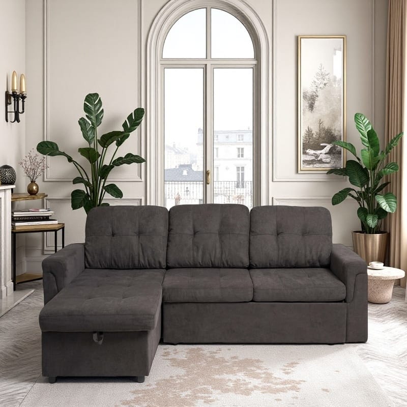 Upholstered Sleeper Sofa, L Shaped Sectional Couch with Reversible Storage, Convertible Corner Lounge Couches Pull Out Sofa bed