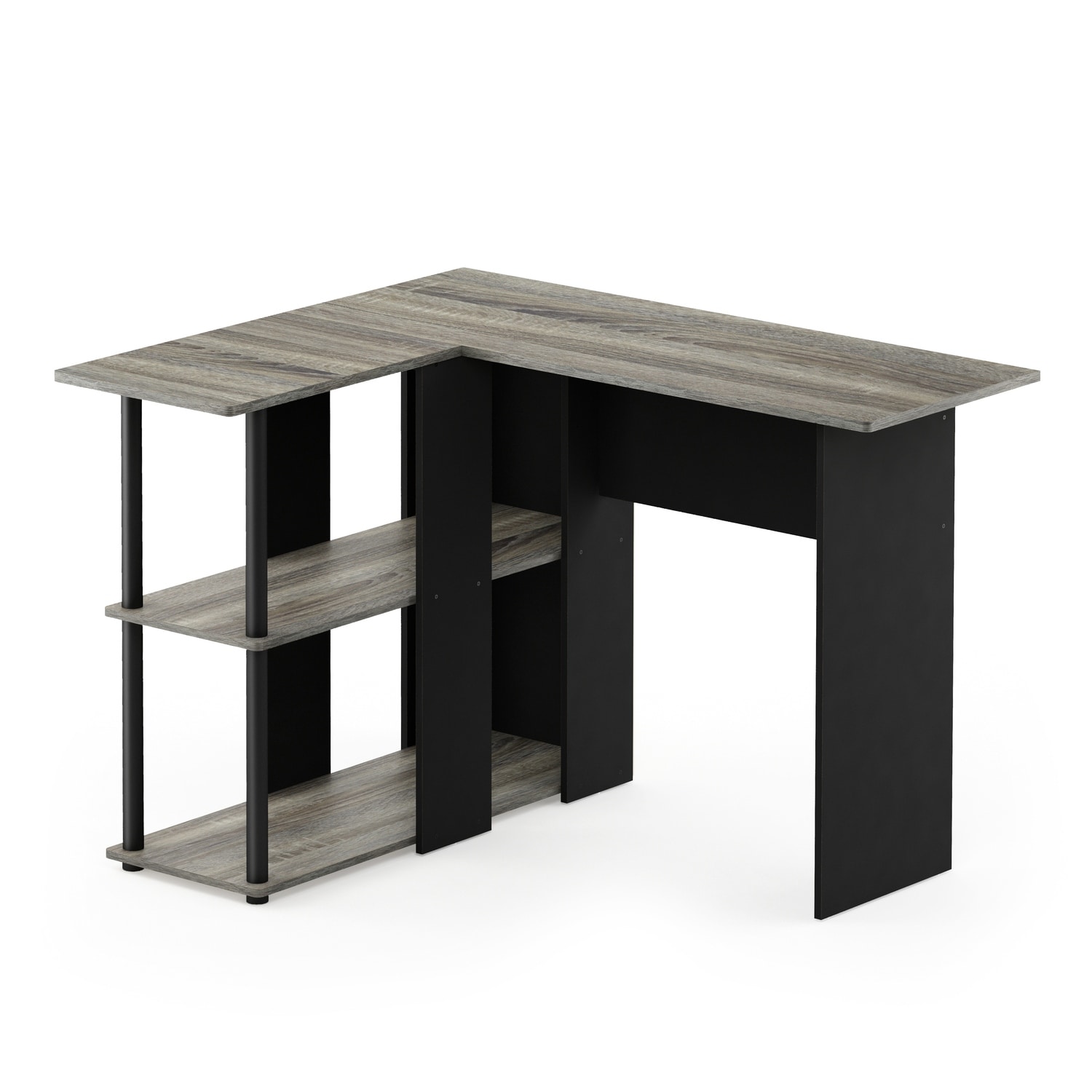 L-Shaped Desk with Bookshelf - French Oak Gray Black - Corner Workstation & Storage