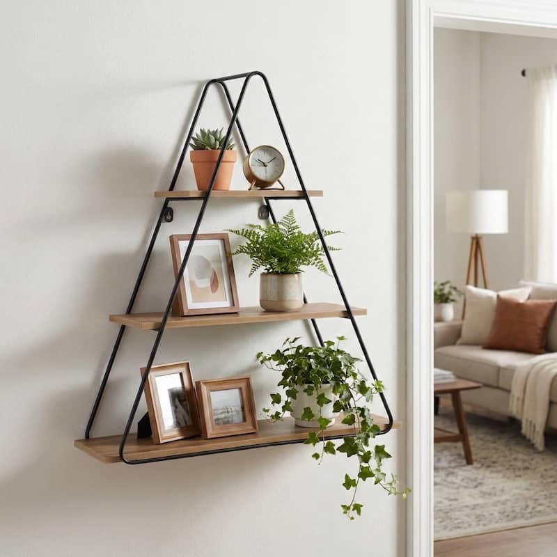 Metal Wood Triangular Frame Wall Shelf - Brown, 26" - 26.0"