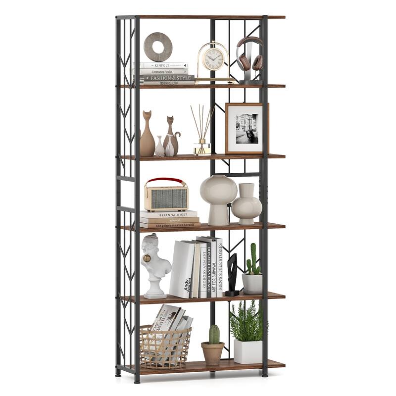 Gymax 6-Tier Bookshelf w/Heavy-duty Metal Frame2 Anti-tipping Kits for - Rustic Brown, Black