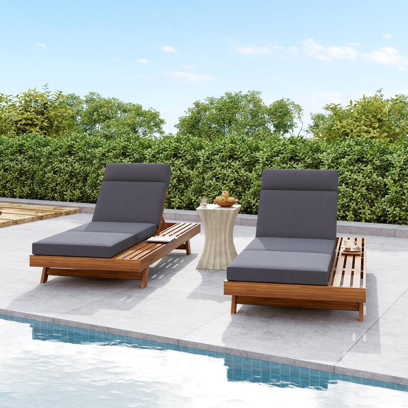 Roomfitters Acacia Wood Chaise Lounge with Headrest and Side Tray, 3-Fold 4" Cushion, Water-Resistant
