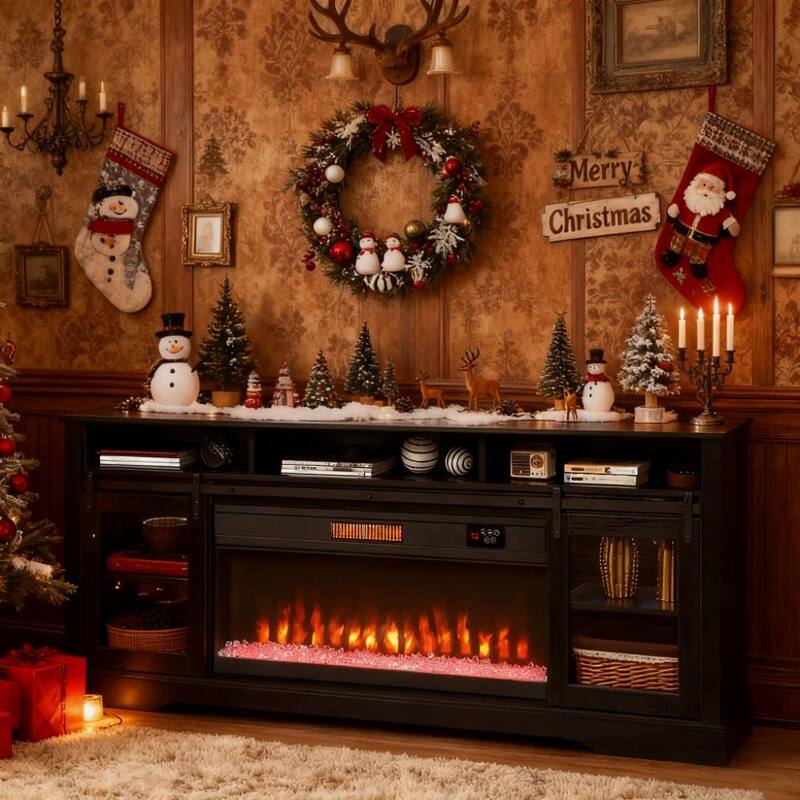 Farmhouse Fireplace TV Stand for TVs up to 80", TV Console TV Cabinet with 36" Electric Fireplace