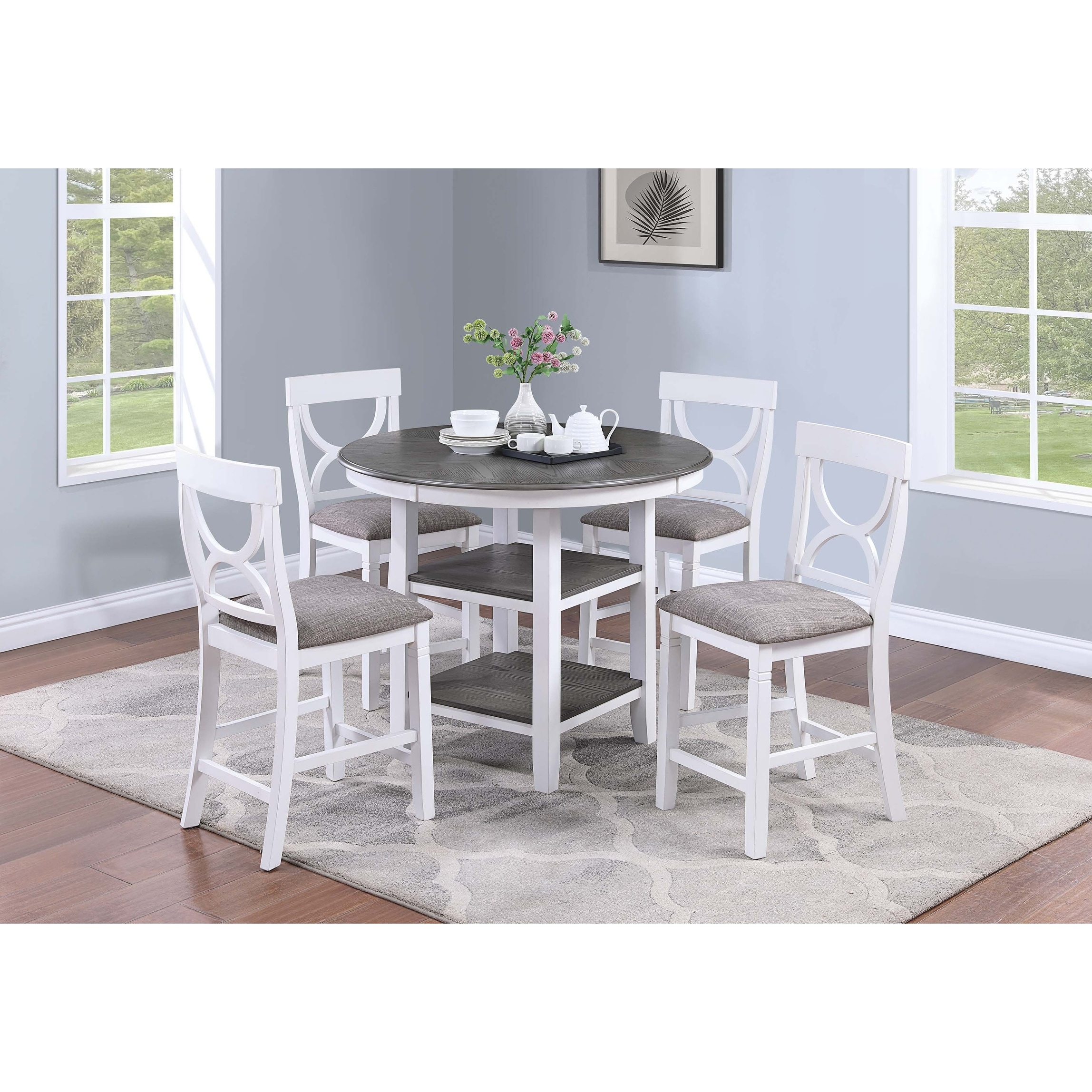 Round Dining Table Set 5pc Counter Height Curved Back White Finish