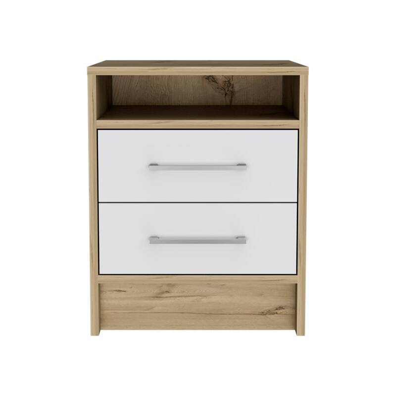 White and Light Oak 2-Drawer 1-Shelf Rectangle Nightstand