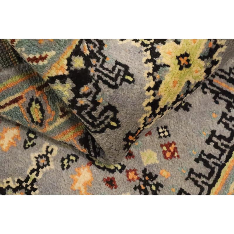 Hand Knotted Oriental 100% Wool Carpet Traditional Geometric Greys & Charcoal Viss Runner Rug - 7' 9'' X 2' 7''