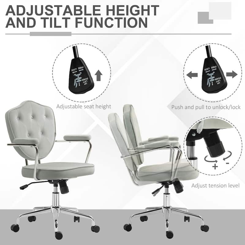 Cute Home Office Chair, Computer Desk Chair with Button Tufted Teddy Bear Fleece, Swivel Vanity Chair