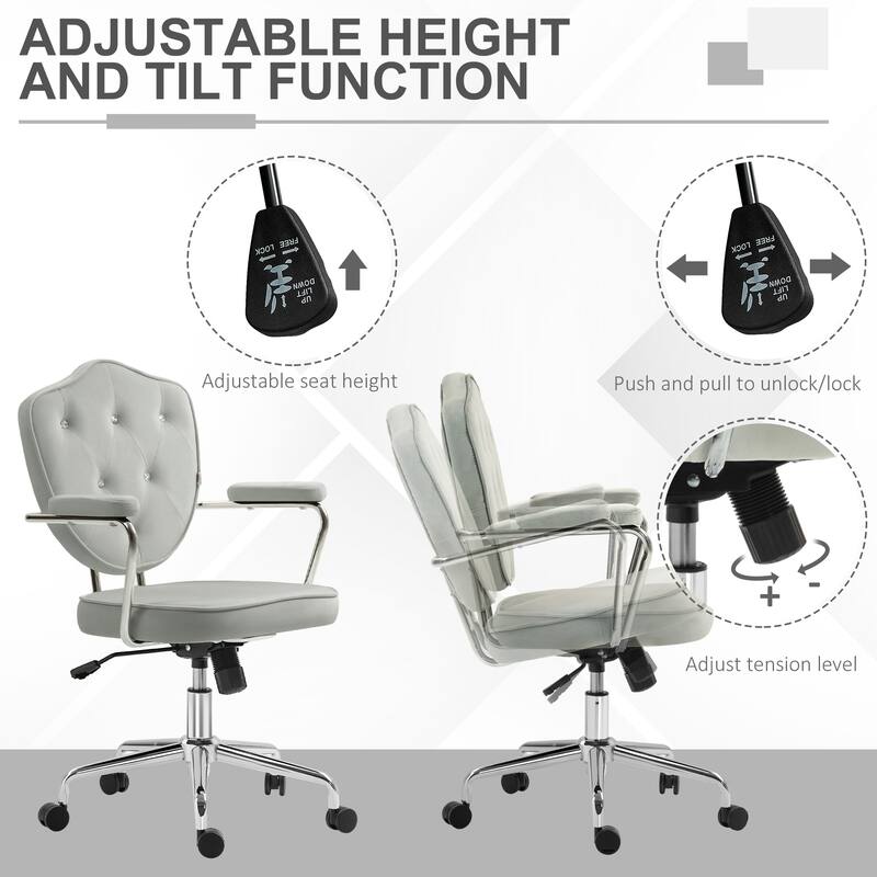 Velvet Home Office Chair with Wheels, Button Tufted Fabric Desk Chair, Vanity Chair with Adjustable Height and Tilt - N/A