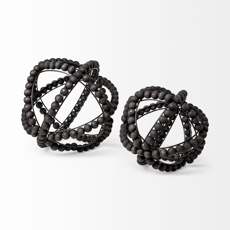 Black Wooden Bead and Metal Orb Sculpture