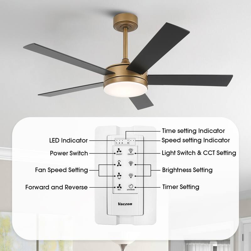Vaczon 48" Gold Reversible Dimmable LED Smart Ceiling Fan with Light, App Comtrol and Remote