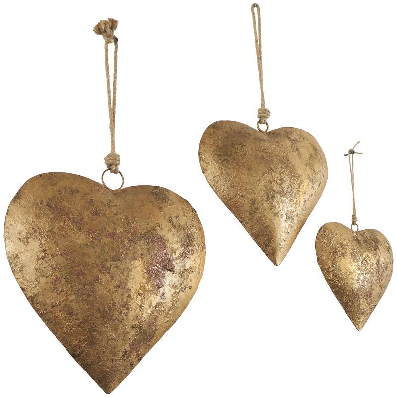 Metal Heart Tibetan Inspired Decorative Bells with Jute Hanging Rope - Set of 3 Red, Silver or Gold - Roche River Decor