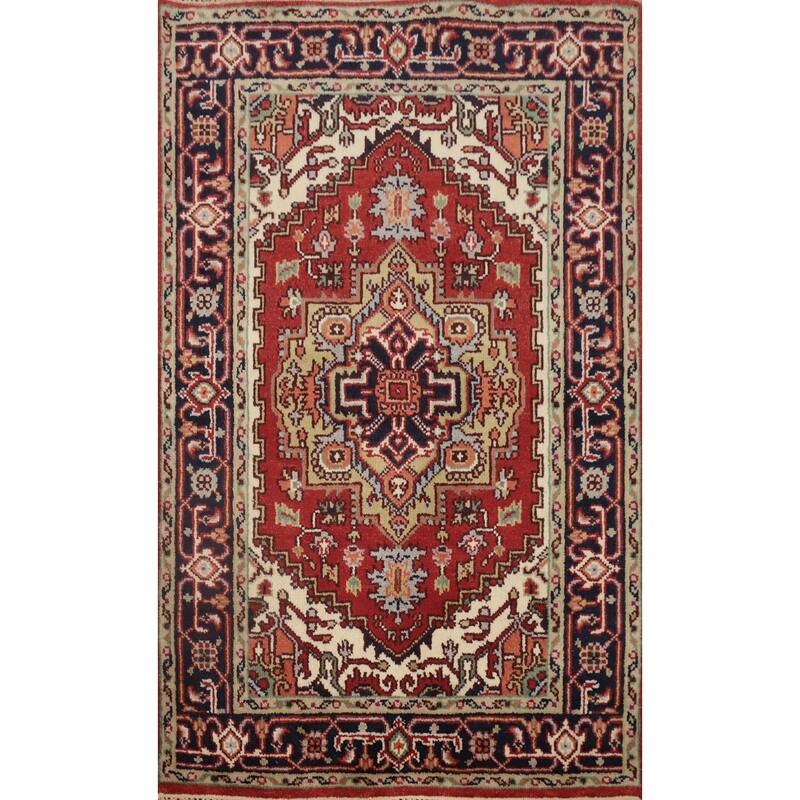 Hand Knotted Oriental 100% Wool Carpet Traditional Medallion Oranges & Rust Heriz (serapi) Area Rug - 5' 11'' X 3' 11''