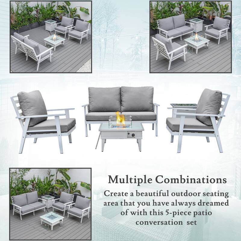 Walbrooke Polyester Upholstered Aluminum Powder Coated Outdoor Patio Furniture Set with Fire Pit Table