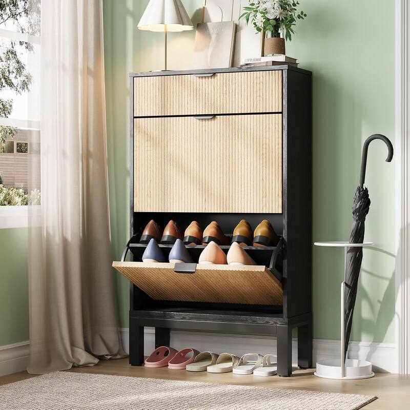 Shoe Storage Cabinet with 2 Flip Drawers and A Drawer - black