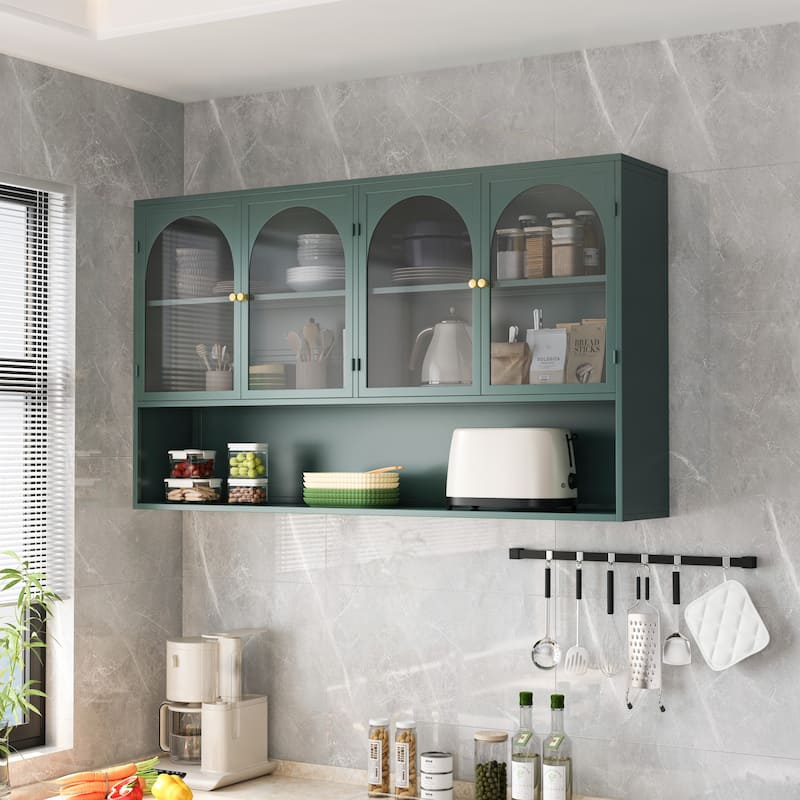 Wall mounted four door glass storage cabinet for bathroom