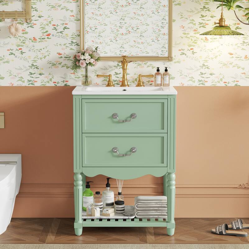 24" Bathroom Vanity with Ceramic Sink, Vintage Wave Design Cabinet with 2 Drawers and Open Shelf