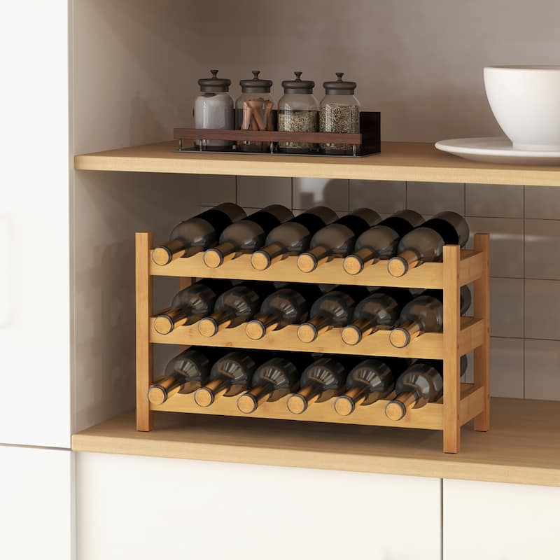 Gymax 3 Tier 18 Bottle Wine Storage Cabinet Shelf Bamboo Wine Rack for