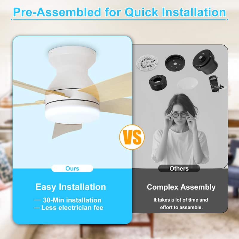 42/35 Inch Low Profile Ceiling Fan with Light: Dimmable, Remote Control, 6-Speed, 5 Blades