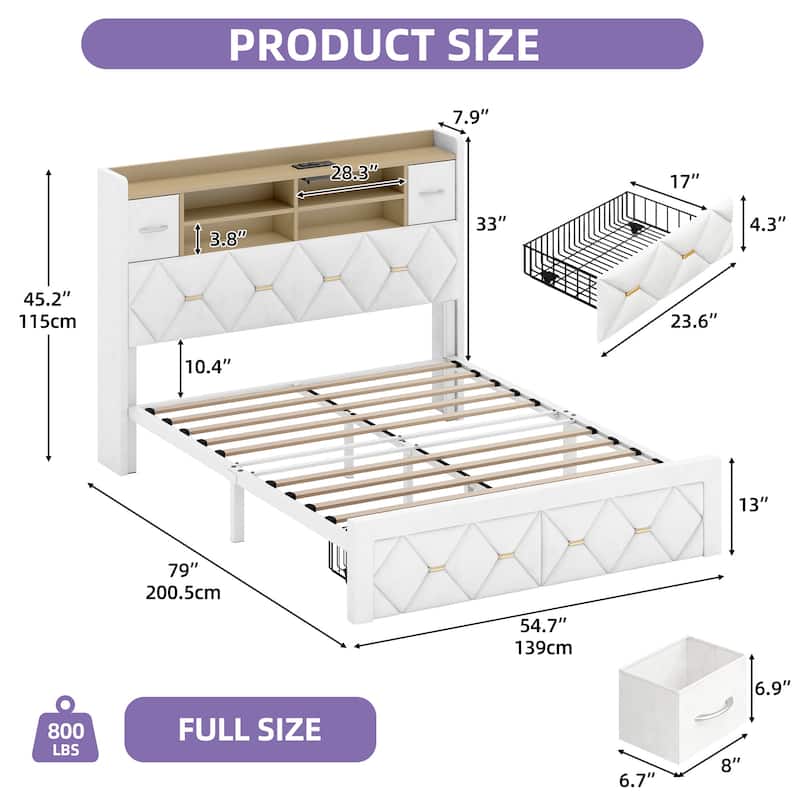 Farmhouse Bed Frame Upholstered Headboard Platform Bed with Charging Station