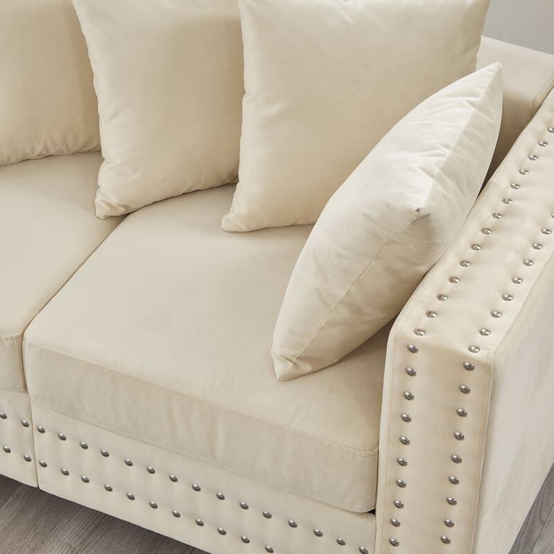 Modern Design Apricot Velvet Sofa with Silver Nails Decoration and Storage