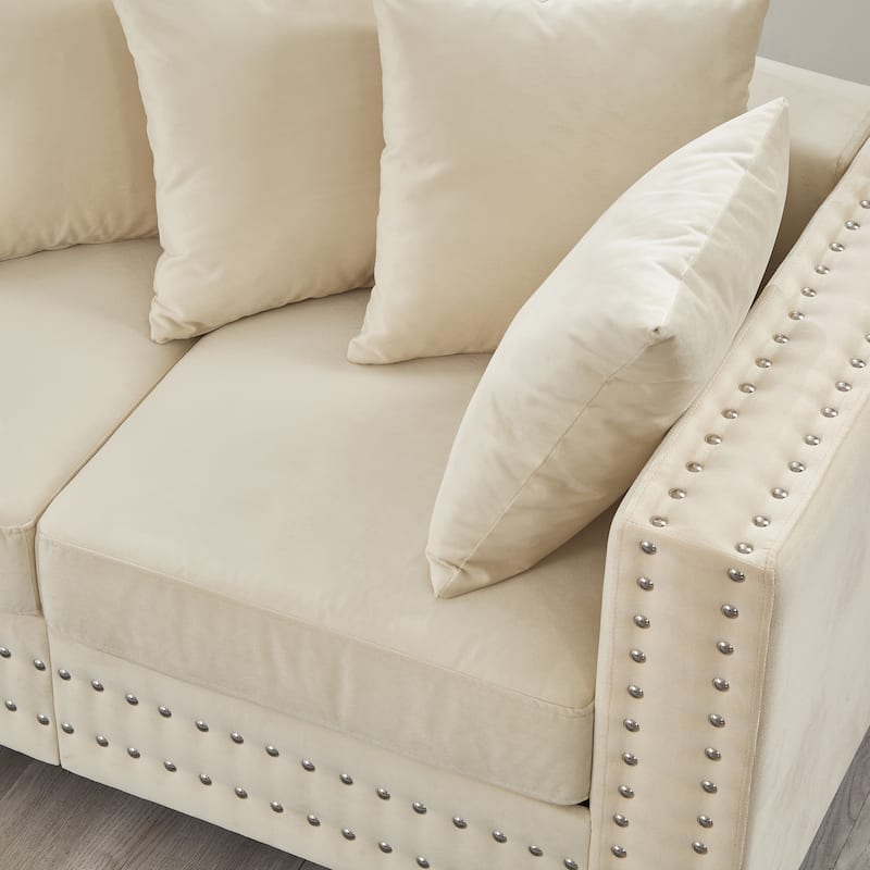 Velvet Upholstered Storage Sofa Set with Loveseat Sofa and 3 Seater Couch, Square Armrests with Silver Nails Decoration