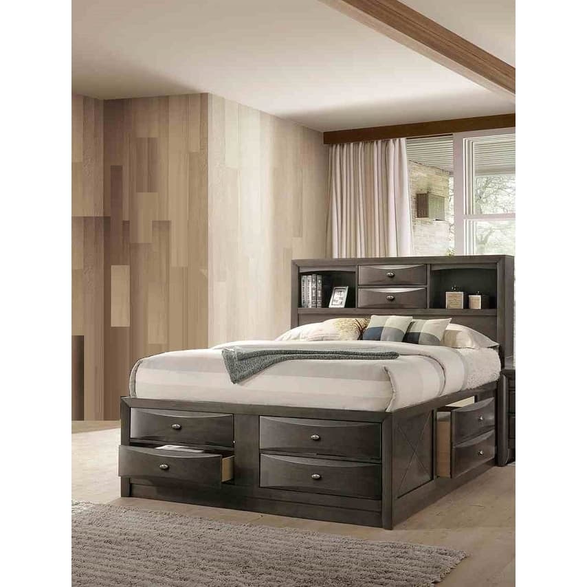 1-Piece Gray Finish Contemporary Footboard Side Drawers Storage Bed