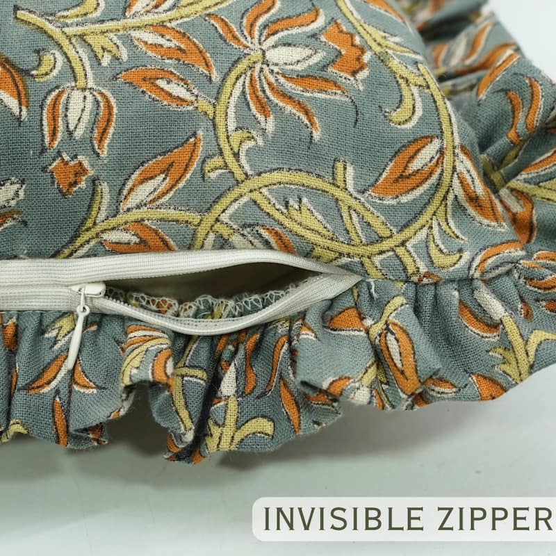 Fabdivine Handmade Block Print Floral Frill Both Side Soft Boho Pure Linen Pillow Cover