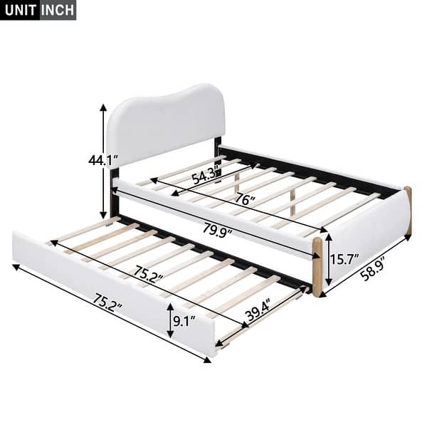 dimension image slide 0 of 4, Upholstered Platform Bed with Twin Size Trundle Curved Wingback Bed