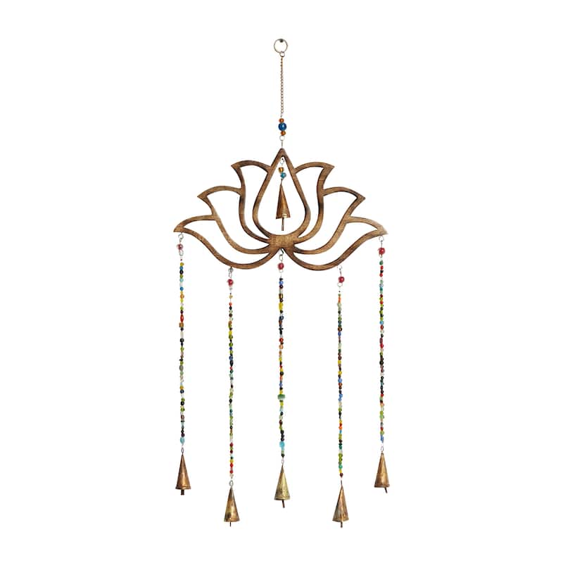 Brown Mango Wood Handmade Lotus Floral Indoor Outdoor Windchime with Glass Beads and Cone Bells